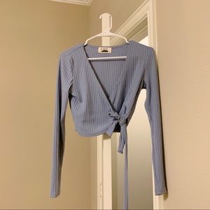 Light Blue Surplice Bow Tie Long Sleeve Shirt